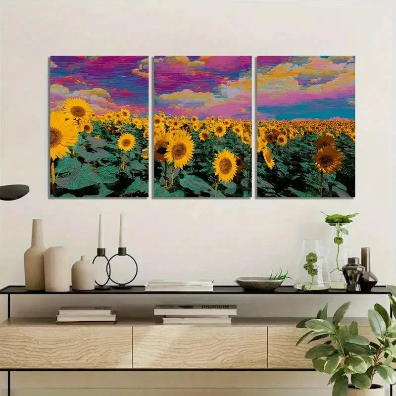 Three-panel artwork of sunflowers under a colorful sky above a living room setting.