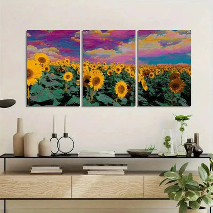 Three-panel artwork of sunflowers under a colorful sky above a living room setting.