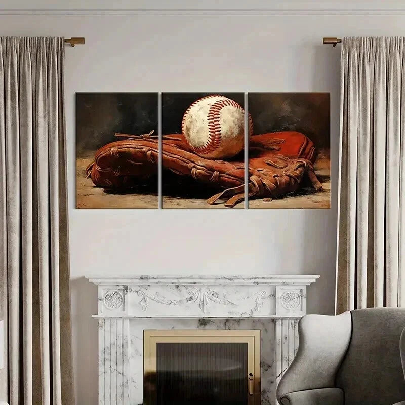 3pcs Vintage Inspired Baseball and Glove Wall Art Set Canvas Framed 40x60cm - High Quality Print 100% Australian Made Wall Canvas Ready to Hang