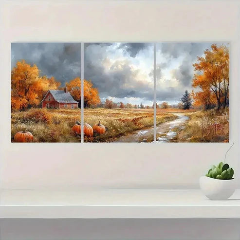 3pcs Red House & Pumpkins Wall Art Canvas Unframed – High Quality Print 100% Australian Made Wall Canvas