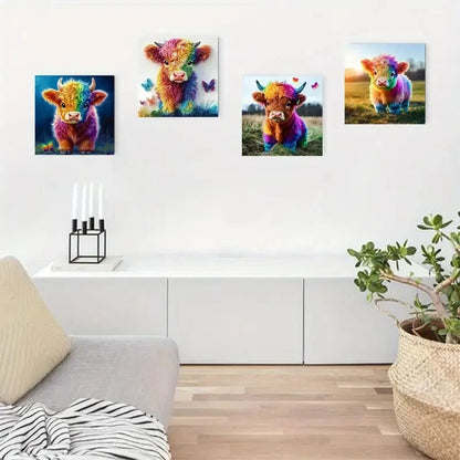 4pcs  Highland Cow Butterfly Picture Wall Art Canvas Framed