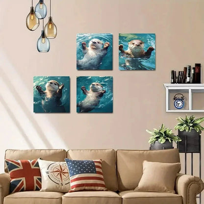 4pcs Otter in Water Scene Elegant Modern Wall Art Canvas Framed