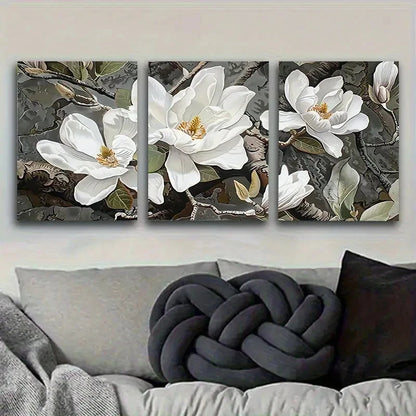 3pcs White Magnolia Triptych Wall Art Set Canvas Framed 50x70cm - High Quality Print 100% Australian Made Wall Canvas Ready to Hang