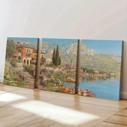 3pcs Lakeside Garden Landscape Vintage Wall Art Set Canvas Framed 40x60cm - High Quality Print 100% Australian Made Wall Canvas Ready to Hang