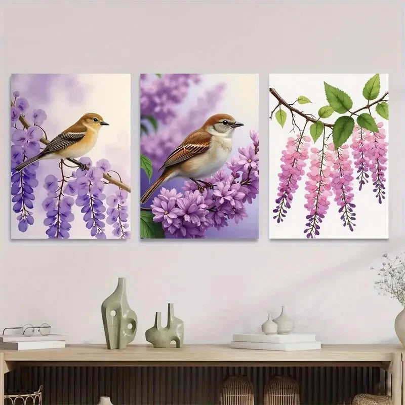3pcs Beautiful Bird and Flower Purple Floral Metal Print Ready to Hang Art