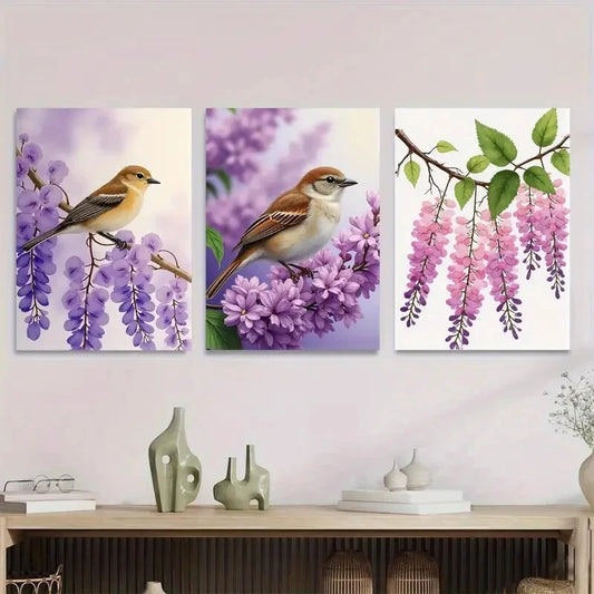 3pcs Beautiful Bird and Flower Purple Floral Metal Print Ready to Hang Art