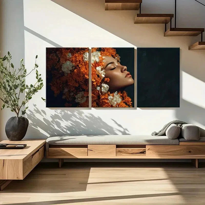 3pcs Floral Portrait with Orange & White Flowers Metal Print Ready to Hang Art