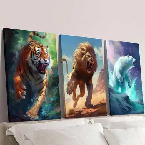 3pcs Ferocious Tiger Lion and Polar Bear Wall Art Canvas Unframed - High Quality Print 100% Australian Made Wall Canvas