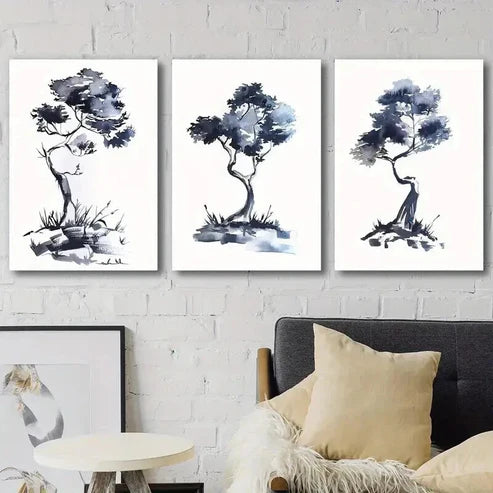 3pcs Blue & Black Abstract Tree Paintings Wall Art Set Canvas Unframed - High Quality Print 100% Australian Made Wall Canvas