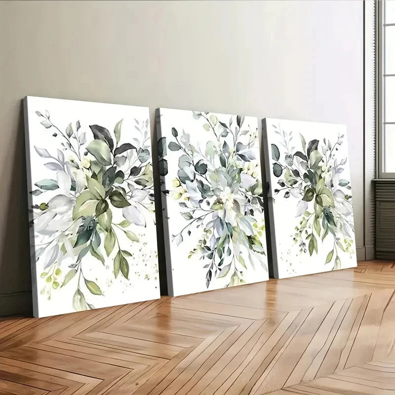 3pcs Elegant Floral Botanical Purple Green Blue Wall Art Set Canvas Framed 40x60cm - High Quality Print 100% Australian Made Wall Canvas Ready to Hang
