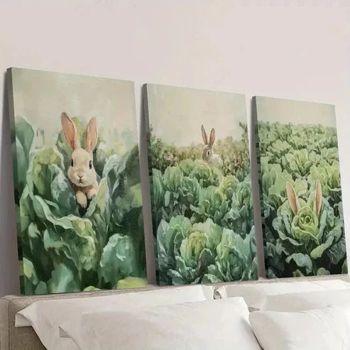 3pcs Rabbits in the Vegetable Garden Wall Art Canvas Unframed – High Quality Print 100% Australian Made Wall Canvas