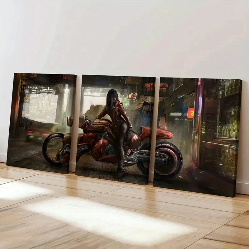 3pcs Beautiful Anime Girl with Motorcycle  Wall Art Set Canvas Framed 60x90cm - High Quality Print 100% Australian Made Wall Canvas Ready to Hang