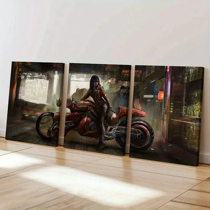3pcs Beautiful Anime Girl with Motorcycle  Wall Art Set Canvas Framed 60x90cm - High Quality Print 100% Australian Made Wall Canvas Ready to Hang