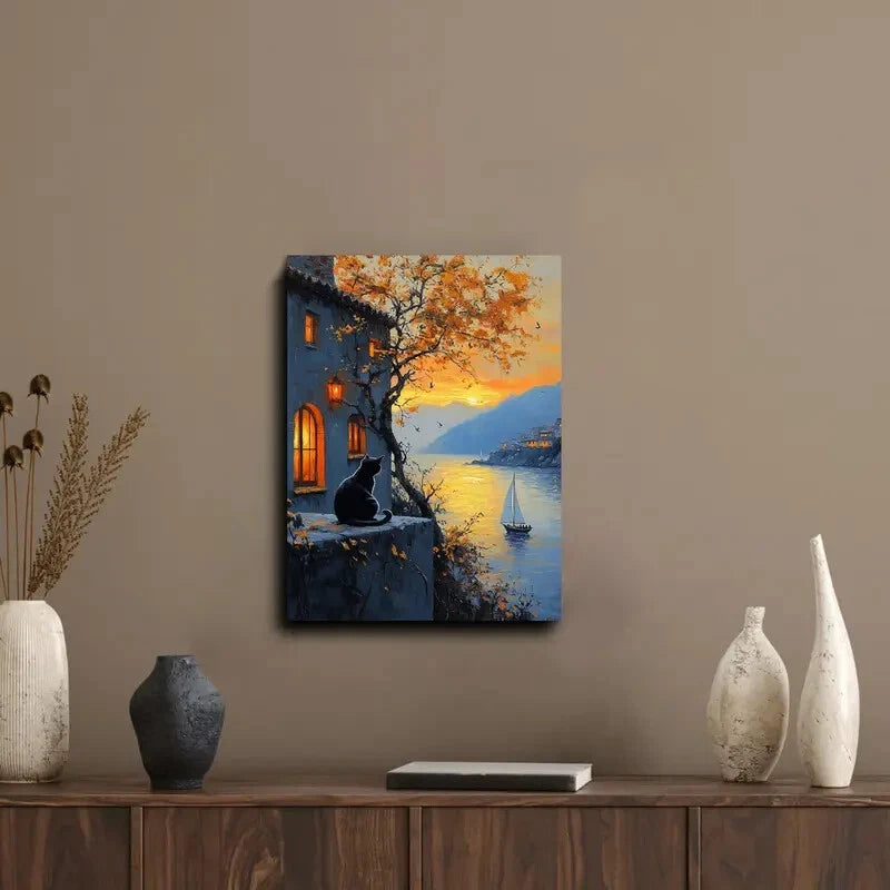 Black Cat by the Sea Sunset Painting 40x60cm Metal Print Ready to Hang