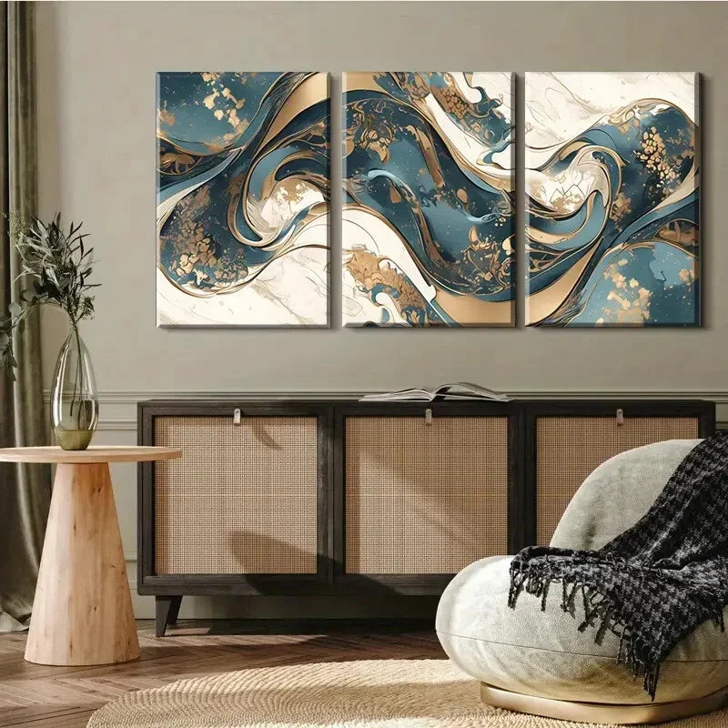 3pcs Golden & White Waves Dynamic Perfect Wall Art Set Canvas Framed 40x60cm - High Quality Print 100% Australian Made Wall Canvas Ready to Hang