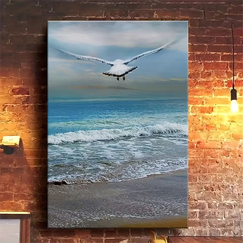 Beach Scene with Soaring Seagull 60x90cm Metal Print Ready to Hang