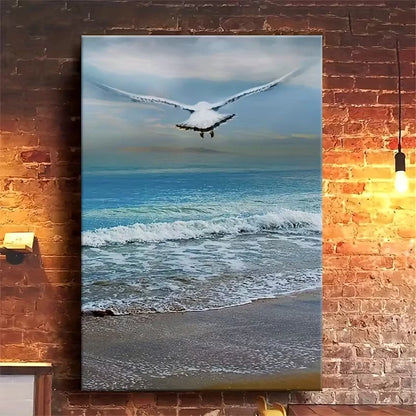 Beach Scene with Soaring Seagull 60x90cm Metal Print Ready to Hang