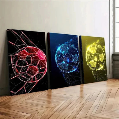 3pcs Soccer Ball Geometric Colourful Red Blue Wall Art Set Canvas Framed 40x60cm - High Quality Print 100% Australian Made Wall Canvas Ready to Hang