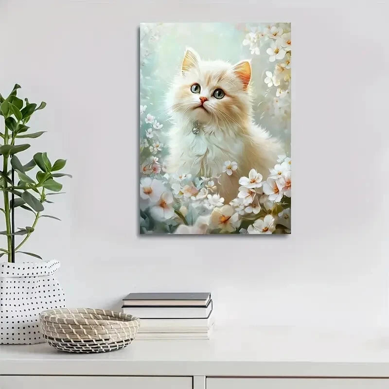 Cute Persian Cat Kitten with Flowers Painting 40x60cm Metal Print Ready to Hang