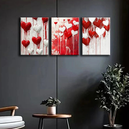 3pcs Red and White Hearts Dripping with Paint Metal Print Ready to Hang Art