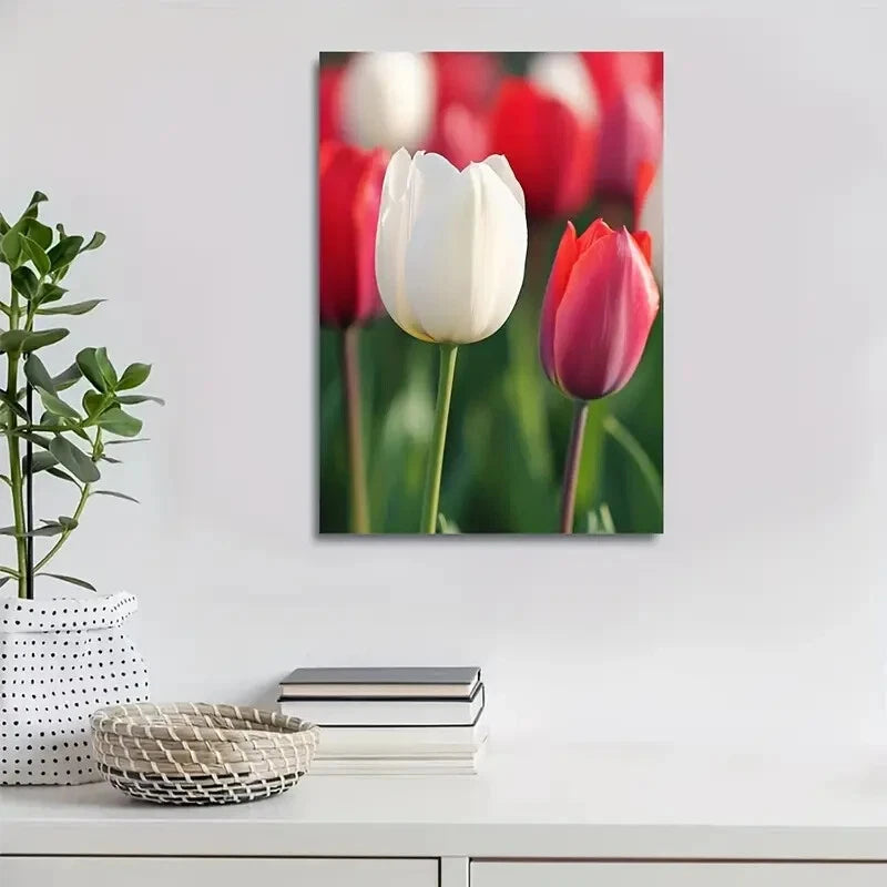 Red & White Tulips with Green Foliage,Painting 40x60cm Metal Print Ready to Hang