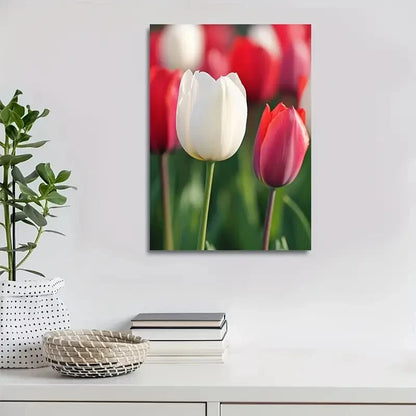 Red & White Tulips with Green Foliage,Painting 40x60cm Metal Print Ready to Hang