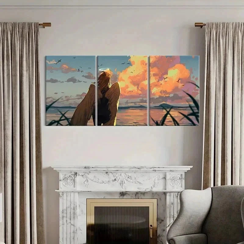 3pcs Anime Angel at Sunset Beach Scene Wall Art Set Canvas Framed 40x60cm - High Quality Print 100% Australian Made Wall Canvas Ready to Hang