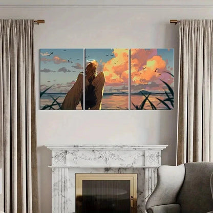 3pcs Anime Angel at Sunset Beach Scene Wall Art Set Canvas Framed 40x60cm - High Quality Print 100% Australian Made Wall Canvas Ready to Hang
