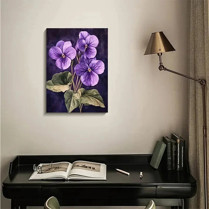 Vibrant Purple Violets with Green Leaves Painting 40x60cm Metal Print Ready to Hang