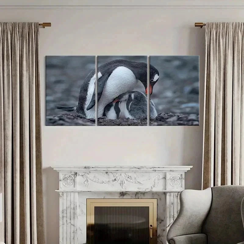 3pcs Animal Penguin Family Decoration Wall Art Set Canvas Framed 40x60cm - High Quality Print 100% Australian Made Wall Canvas Ready to Hang
