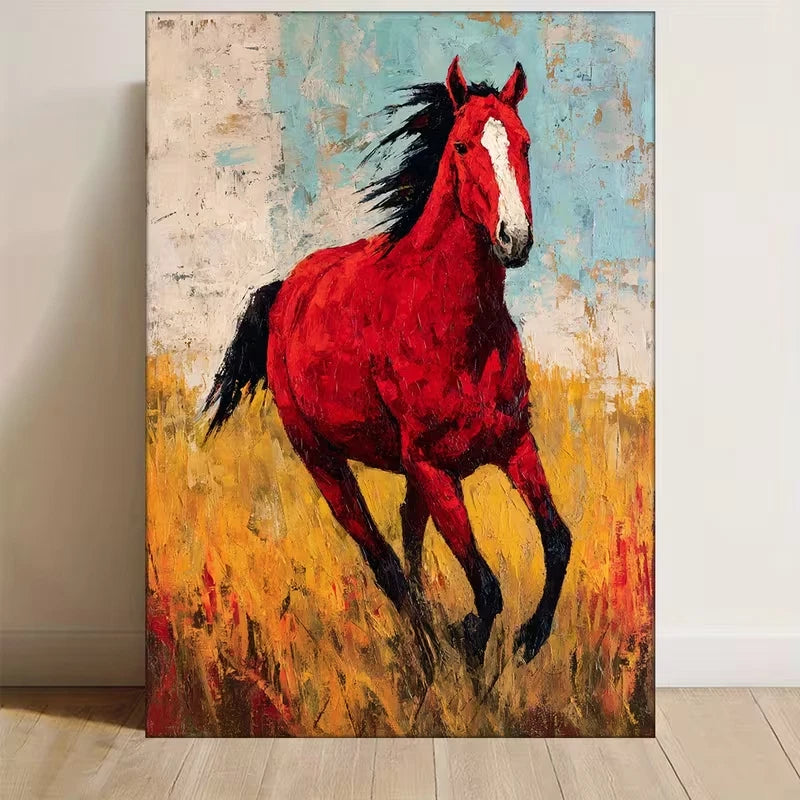 Red Galloping Horse with Wildflower Meadow Metal Print Ready to Hang