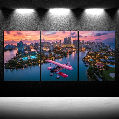 3pcs Pink Airplanes Over The City Metal Print Ready to Hang Art