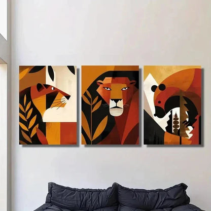 3pcs Geometric Lions Bears Plants Illustrations Wall Art Canvas Unframed - High Quality Print 100% Australian Made Wall Canvas