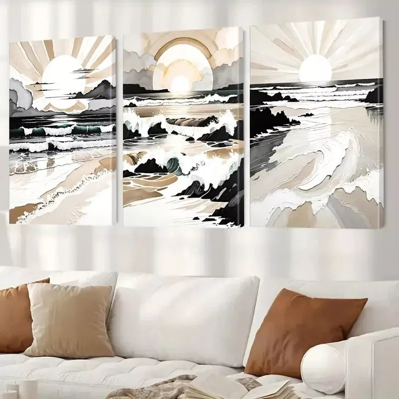 3pcs Classic Retro Minimalist Seascape Anime Wall Art Set Canvas Framed 50x70cm -  High Quality Print 100% Australian Made Wall Canvas Ready to Hang