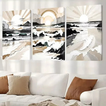 3pcs Classic Retro Minimalist Seascape Anime Wall Art Set Canvas Framed 50x70cm -  High Quality Print 100% Australian Made Wall Canvas Ready to Hang