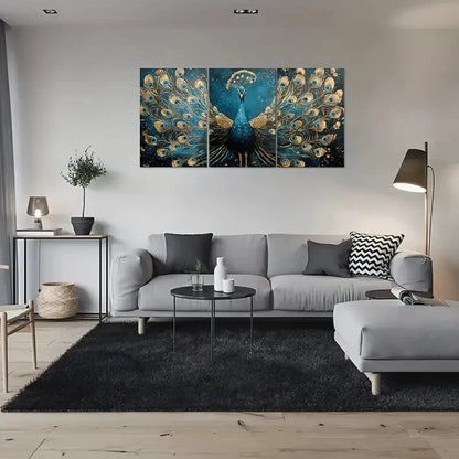 3pcs Blue and Golden Peacock Metal Print Ready to Hang Art