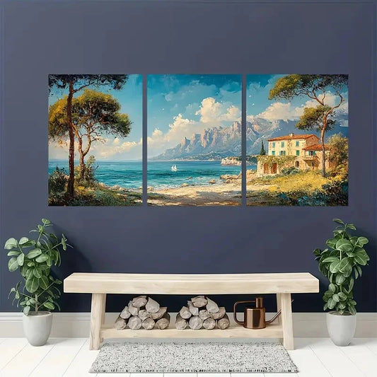 3pcs Long Landscape Seacoast Vintage Perfect Wall Art Set Canvas Framed 40x60cm - High Quality Print 100% Australian Made Wall Canvas Ready to Hang