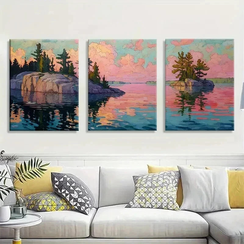 3pcs Serene Lakeside Rocks and Trees Wall Art Set Canvas Framed 40x60cm - High Quality Print 100% Australian Made Wall Canvas Ready to Hang