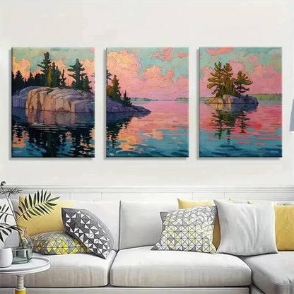3pcs Serene Lakeside Rocks and Trees Wall Art Set Canvas Framed 40x60cm - High Quality Print 100% Australian Made Wall Canvas Ready to Hang