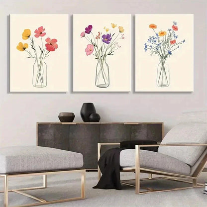 3pcs Floral Vase Colorful Flowers Perfect Wall Art Set Canvas Framed 50x70cm - High Quality Print 100% Australian Made Wall Canvas Ready to Hang