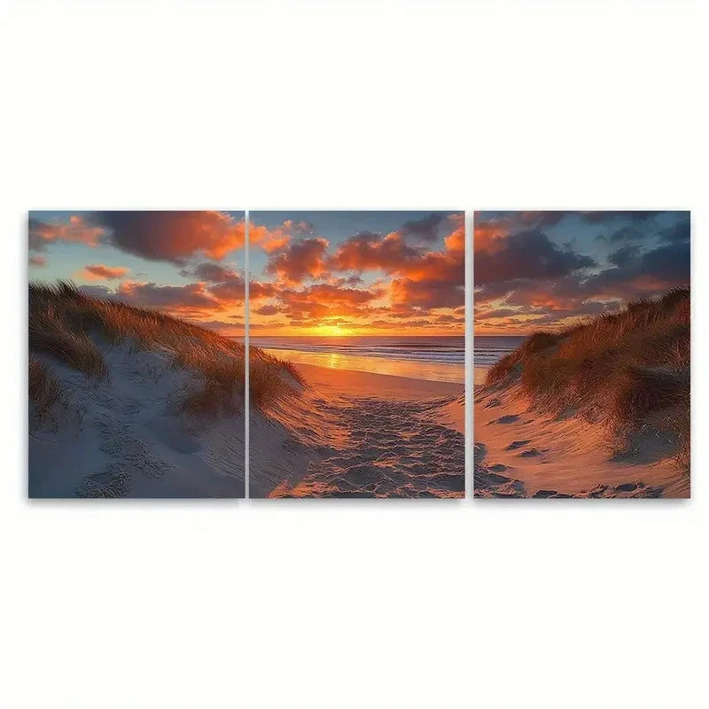 3pcs Crantock Beach Sunset Sand Dunes Wall Art Set Canvas Framed 60x90cm - High Quality Print 100% Australian Made Wall Canvas Ready to Hang