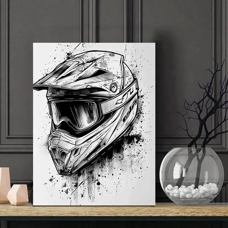 Black And White Drawing Motorcycle Helmet 40x60cm Metal Print Ready to Hang