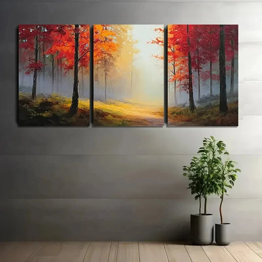 3pcs Painting Autumn Forest With Misty Wall Art Set Canvas Framed 50x70cm - High Quality Print 100% Australian Made Wall Canvas Ready to Hang