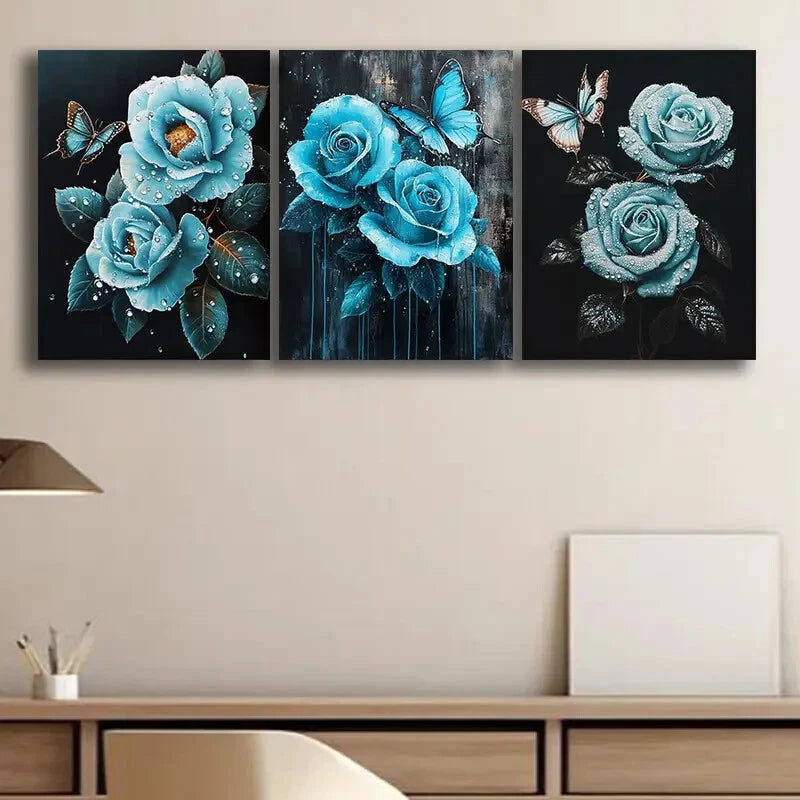 3pcs Teal Rose Floral Artwork Elegantly Metal Print Ready to Hang Art