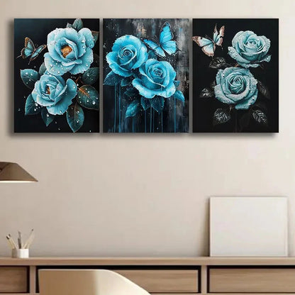 3pcs Teal Rose Floral Artwork Elegantly Metal Print Ready to Hang Art