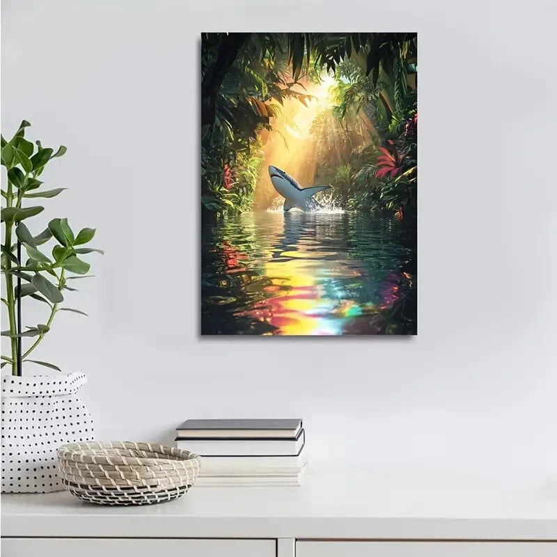 Vibrant Jungle Shark Scene with Rainbow Painting 40x60cm Metal Print Ready to Hang