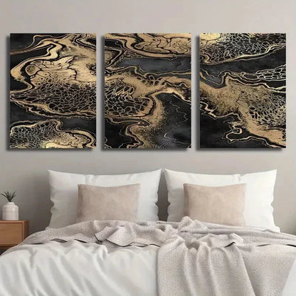 3pcs Abstract Black And Golden Fluid Decor Wall Art Set Canvas Unframed - High Quality Print 100% Australian Made Wall Canvas