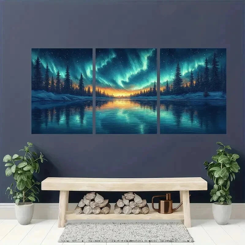 3pcs Northern Lights Borealis Aurora Night Wall Art Set Canvas Framed 40x60cm - High Quality Print 100% Australian Made Wall Canvas Ready to Hang