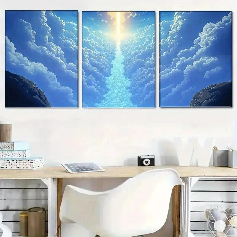 3pcs Clouds and Light'S Heavenly Path Metal Print Ready to Hang Art