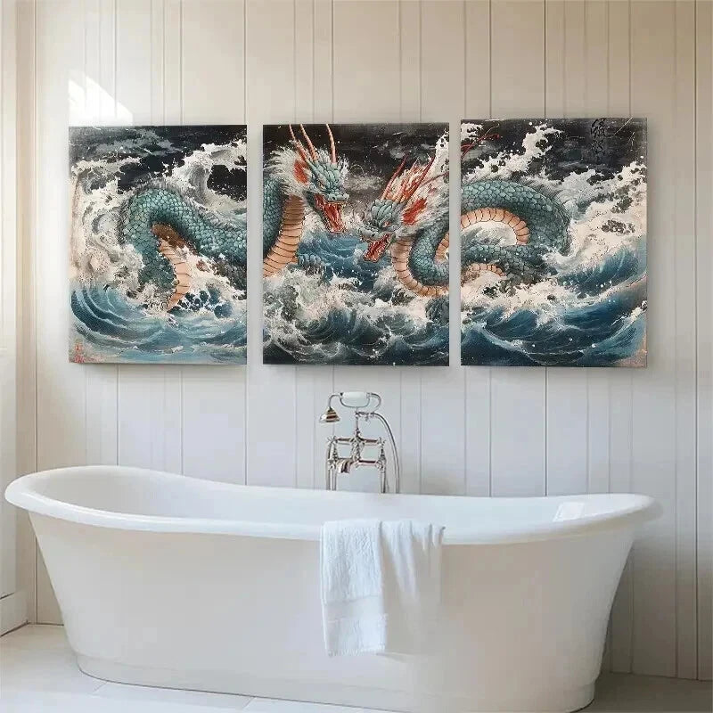 3pcs Mythical Ocean Serpent Stormy Waves Perfect Wall Art Set Canvas Framed 40x60cm - High Quality Print 100% Australian Made Wall Canvas Ready to Hang